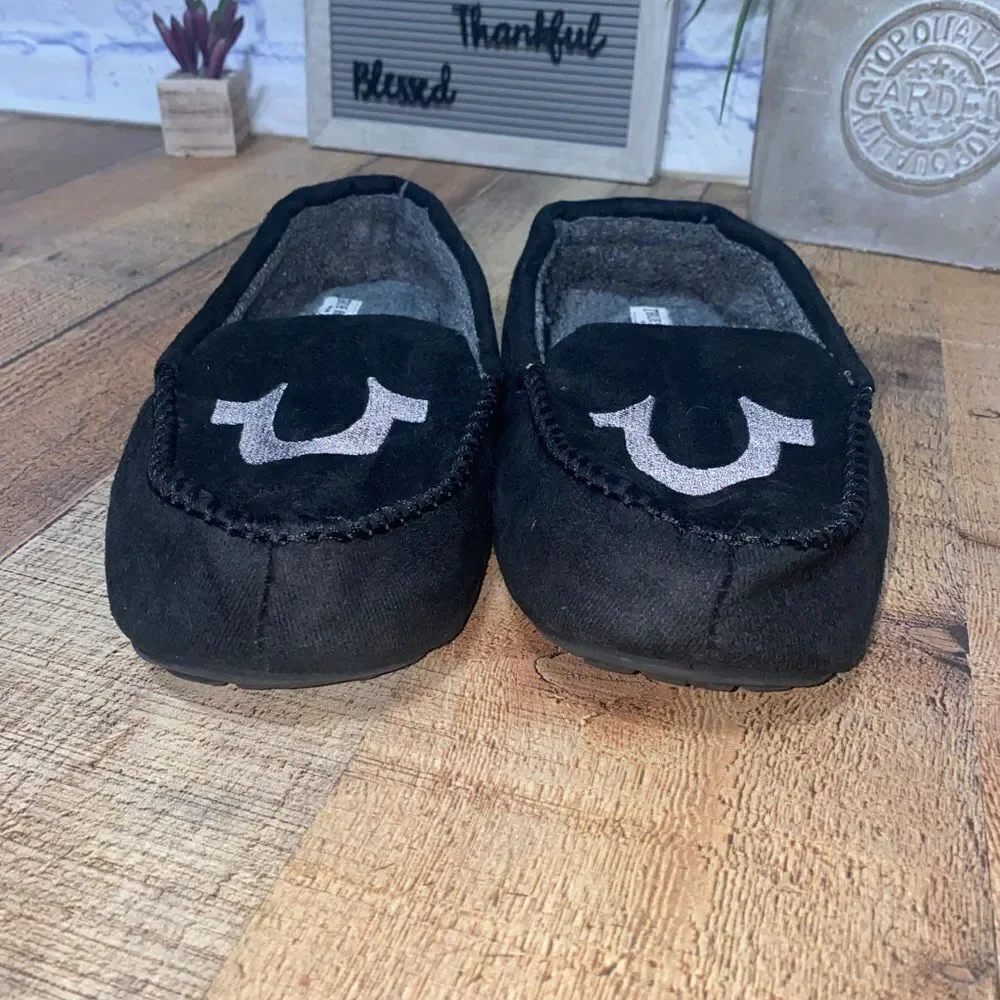 True Religion Men's Black & Gray Logo Slippers House Shoes Size Small 7-8